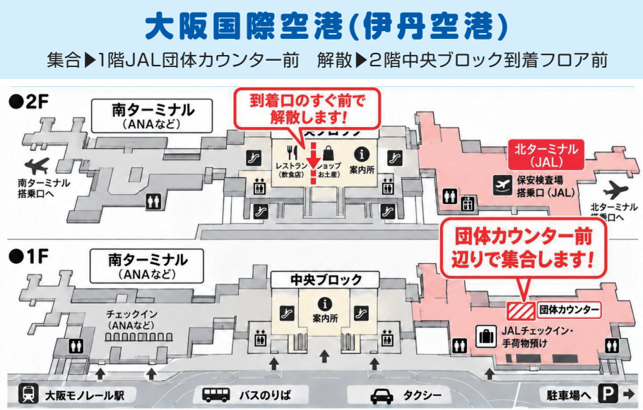 大阪国際空港 館内マップ（集合：１階ＪＡＬ団体カウンター前／解散：２階中央ブロック到着口前）